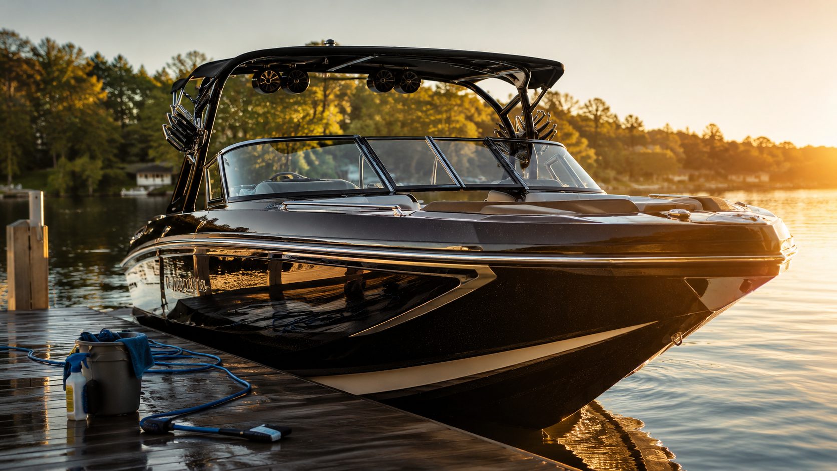 A ceramic coated dark hulled boat at a dock at sunset