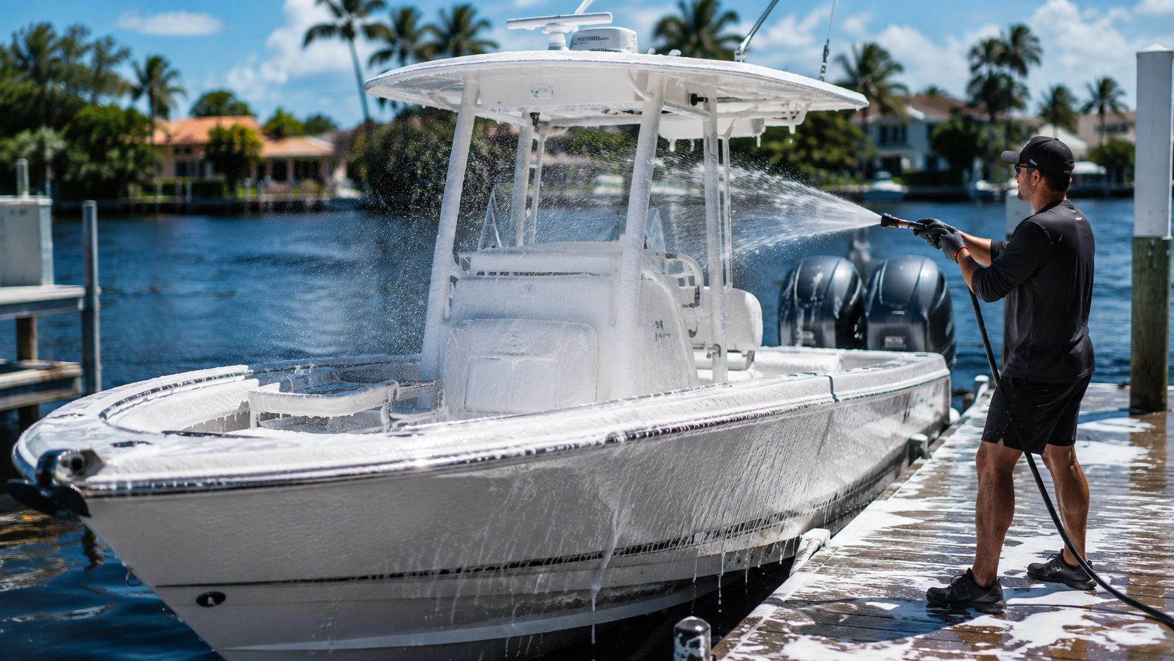 A center console being washed at a dock