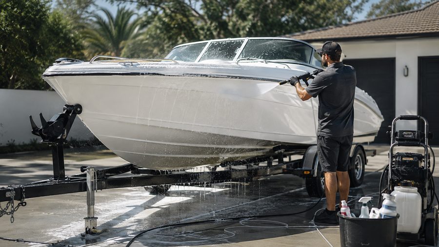 A boat being washed on its trailer in a driveway